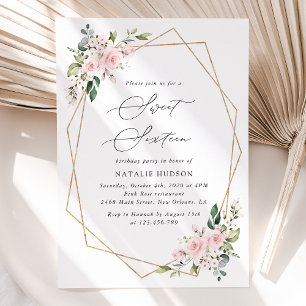 Invitation Fleurs blanches, Fleurs roses, Boho, Sweet 16