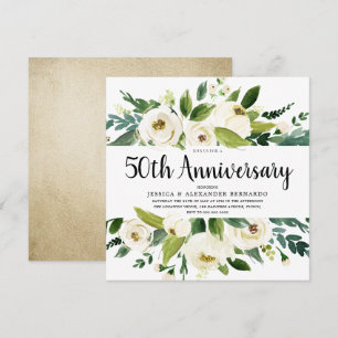 Invitation Fleurs blanches Gold 50e anniversaire Mariage