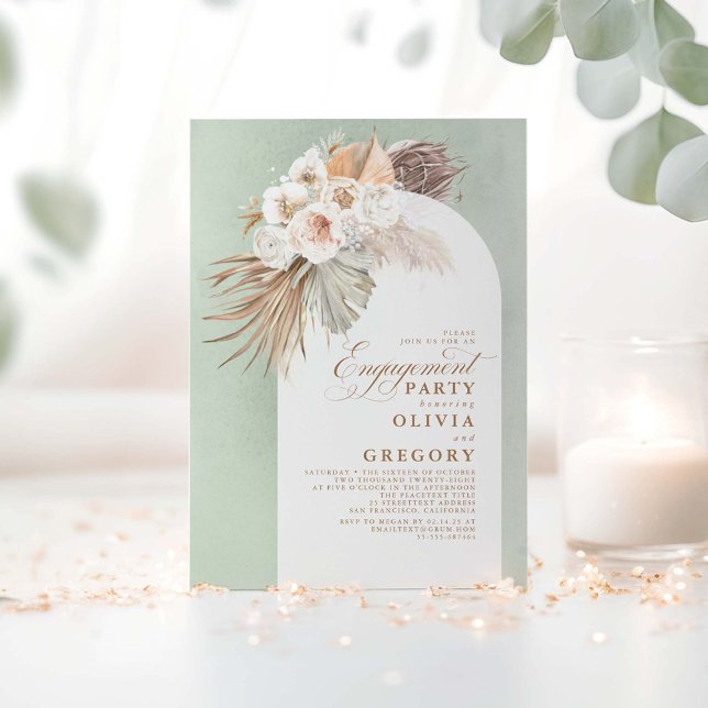 Invitation Fleurs Blanches Herbe des Pampas Fête de Fiançaill (Sage Boho Engagement Party Invitations)