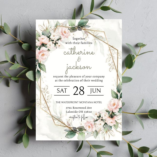 Invitation Fleurs blanches : Mariage à cadre or chic (Créateur téléchargé)