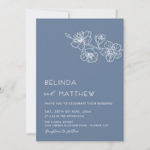 Invitation Fleurs blanches mariage casual bleu poussiéreux