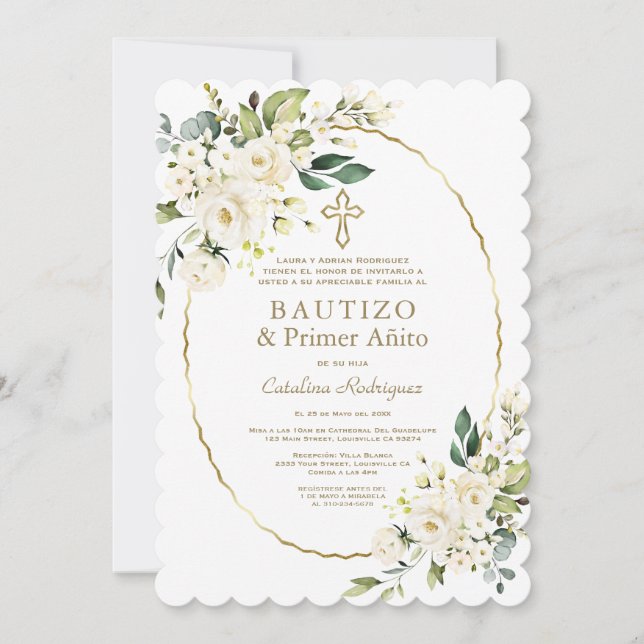 Invitation Fleurs blanches modernes espagnol 1er anniversaire (Devant)