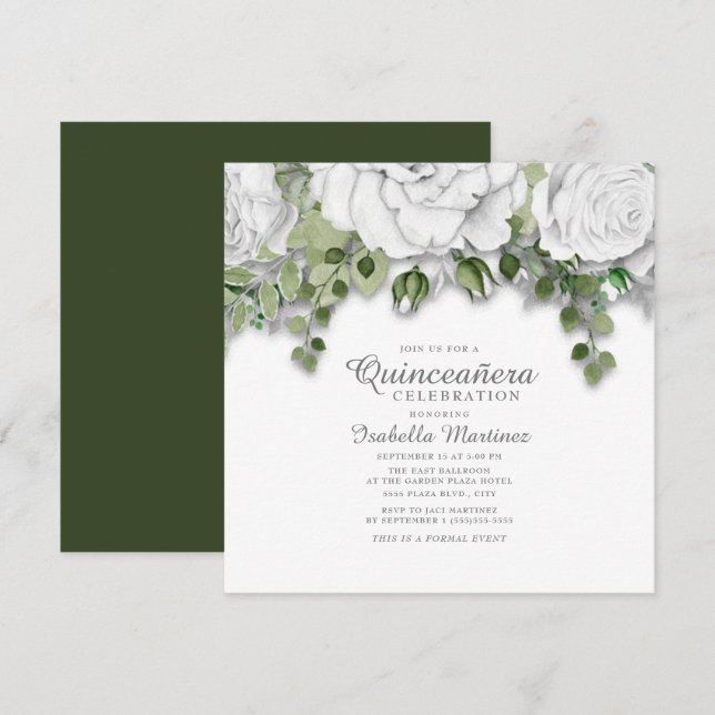 Invitation Fleurs blanches modernes Feuilles verts Quinceañer (Devant / Derrière)