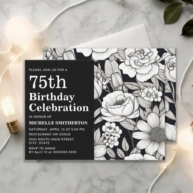 Invitation Fleurs blanches noires 75e anniversaire femme (Black and white 75th birthday party invitation)
