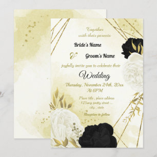 Invitation fleurs blanches noires or feuille mariage