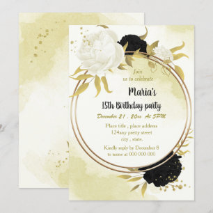 Invitation fleurs blanches noires or feuilles anniversaire