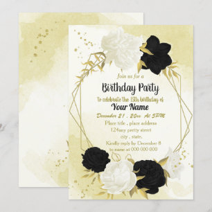 Invitation fleurs blanches noires or feuilles anniversaire