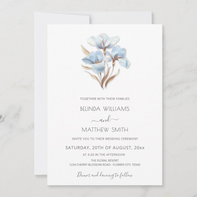 Invitation Fleurs Blanches Or Bleu (Devant)