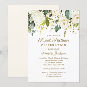Invitation Fleurs Blanches Or Confettis Sweet Sixteen