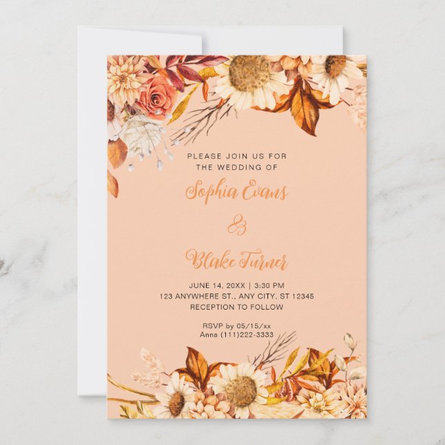 Invitation Fleurs blanches orange rustique Boho Orange Mariag (Devant)