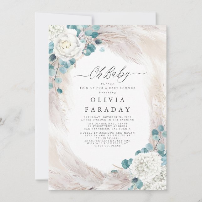 Invitation Fleurs blanches Pampas Baby shower en herbe Invita (Devant)