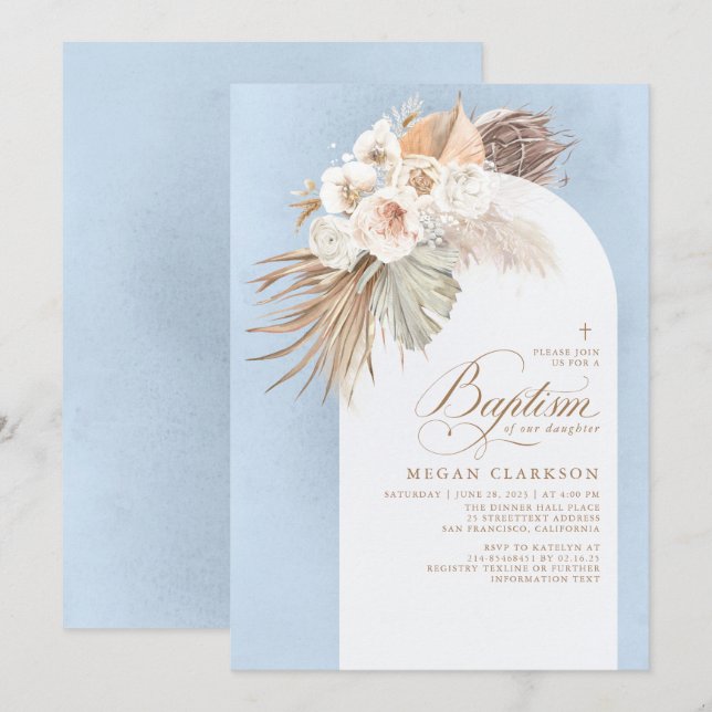Invitation Fleurs blanches Pampas Grass Boho Baptême bleu (Devant / Derrière)