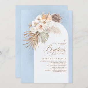 Invitation Fleurs blanches Pampas Grass Boho Baptême bleu