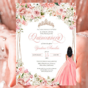 Invitation Fleurs blanches rose pâle Elégant Gown Quinceañera