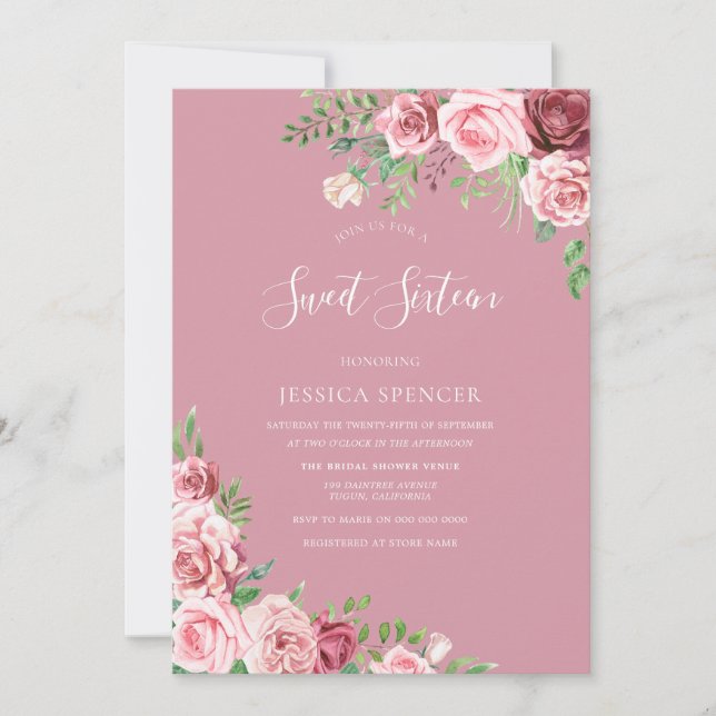 Invitation Fleurs blanches rose poussiéreuses Douces 16 invit (Devant)