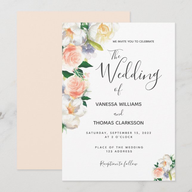 Invitation Fleurs blanches rose vif mariage élégant (Devant / Derrière)