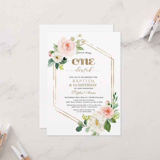 Invitation Fleurs blanches roses d'or Premier anniversaire &  (Devant/Arrière en situation)