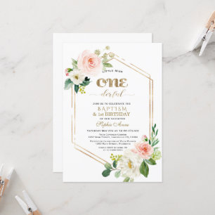 Invitation Fleurs blanches roses d'or Premier anniversaire & 