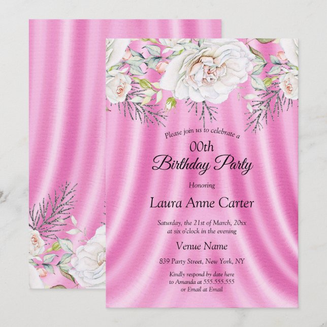 Invitation Fleurs blanches roses Fleurs florales fête d'anniv (Devant / Derrière)