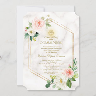 Invitation Fleurs blanches roses Marbre Or Sainte Communion