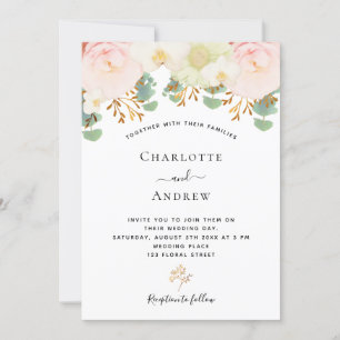 Invitation Fleurs blanches roses or vert mariage
