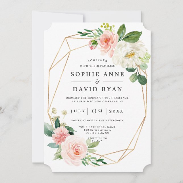 Invitation Fleurs blanches roses Rose Or tout en un Mariage (Devant)