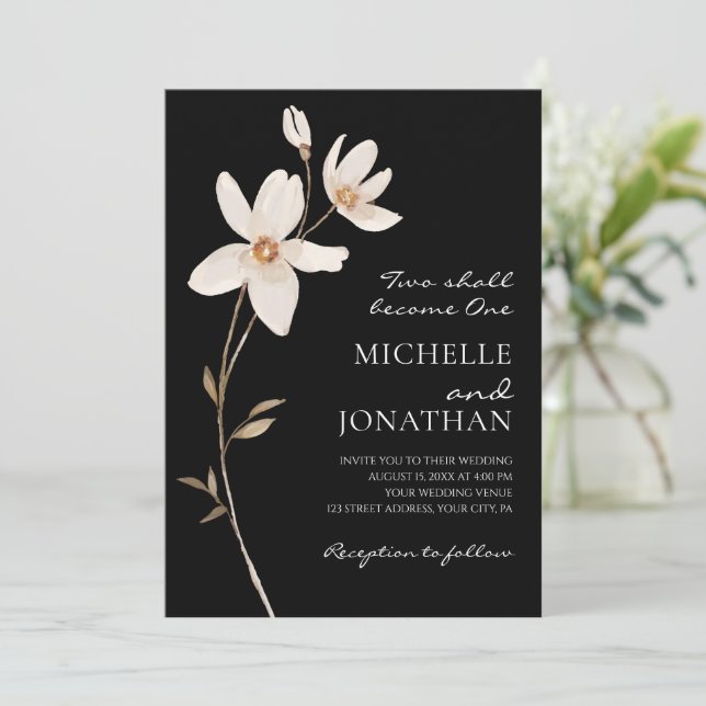 Invitation Fleurs blanches simples sur Mariage chrétien noir (Debout devant)