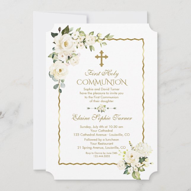 Invitation Fleurs blanches uniques Or Première Communion sain (Devant)