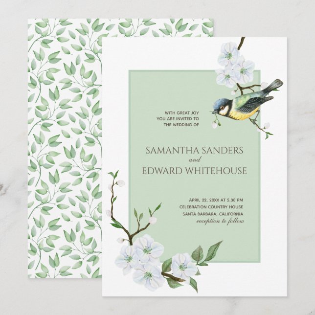 Invitation Fleurs blanches verdure aquarelle printemps oiseau (Devant / Derrière)