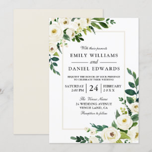 Invitation Fleurs Blanches Verdure Moderne Avec Mariage Cadre