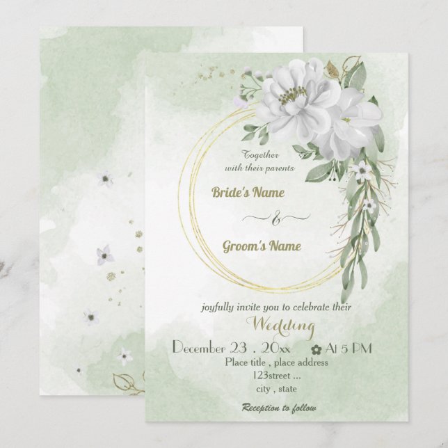 Invitation fleurs blanches verdure or couronne mariage (Devant / Derrière)