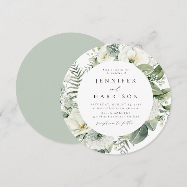 Invitation Fleurs blanches vertes et Mariage du cercle verdoy (Devant / Derrière)