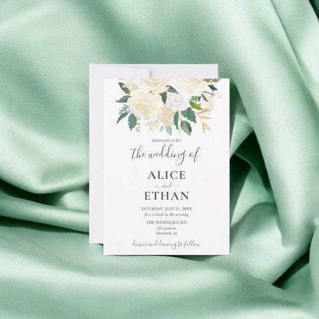 Invitation Fleurs blanches vertes Script Mariage (Créateur téléchargé)