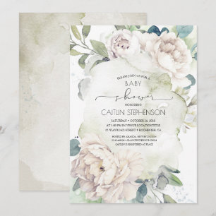 Invitation Fleurs blanches vintages et Baby shower verdoyant