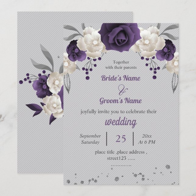 Invitation fleurs blanches violettes mariage gris botanique (Devant / Derrière)