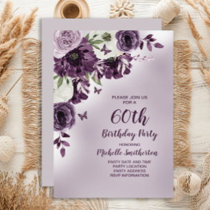 Invitation Fleurs blanches violettes Papillons 60e anniversai