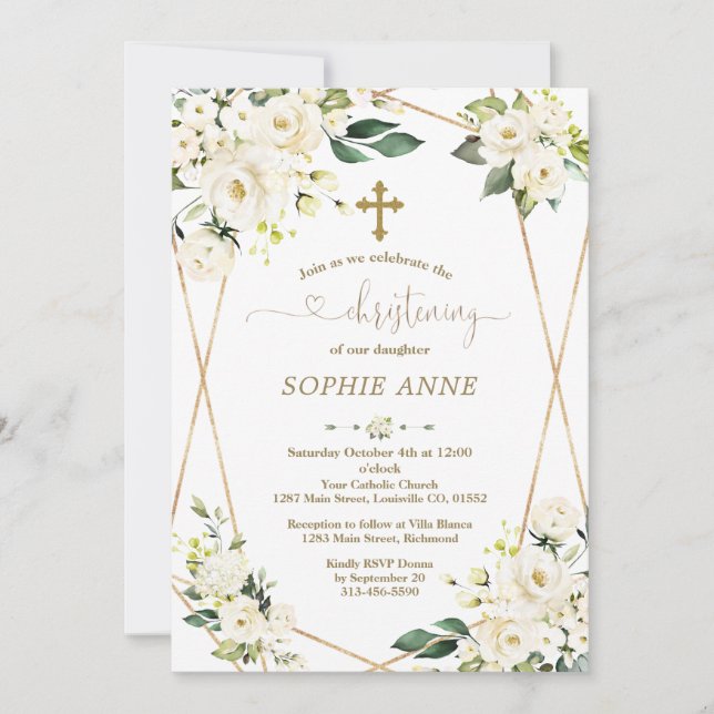 Invitation Fleurs blanches Whimsical Gold Girl Christening (Devant)