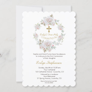 Invitation Fleurs blanches Wreath Gold Cross Holy Communion