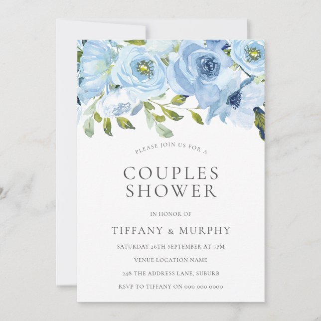 Invitation Fleurs Bleu Ciel Shower de Couple (Devant)
