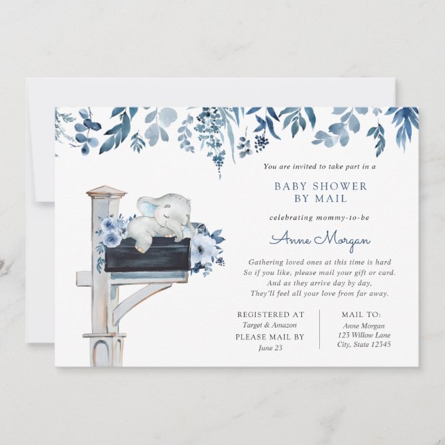 Invitation Fleurs bleu éléphant Baby shower par courrier (Devant)