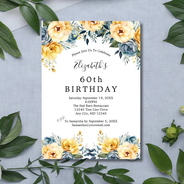 Invitation Fleurs bleu jaune Floral 60e 70e 80e anniversaire (Blue Yellow Watercolor Floral Elegant 50th 60th 70th 80th birthday invitation for her)