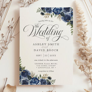 Invitation Fleurs Bleu Marine Calligraphie Aquarelle Mariage