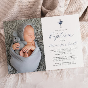 Invitation Fleurs Bleu Marine Croix Argent Photo Garçons Bapt