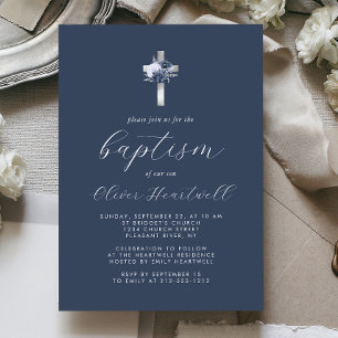 Invitation Fleurs Bleu Marine Croix Argentée Baptême Garçon