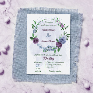 Invitation Fleurs bleu pourpre vert feuille mariage