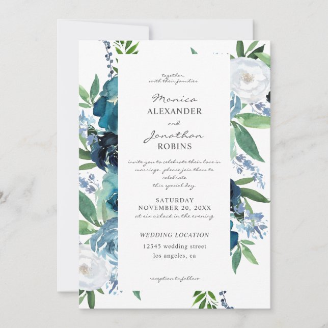 Invitation Fleurs Bleu Poussière pour Mariage 2 (Devant)