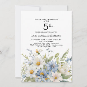 Invitation Fleurs Bleu Poussiéreuses Marguerites Blanches 5èm