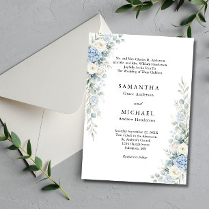 Invitation Fleurs Bleu Poussiéreux Noms des Deux Parents Mari