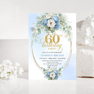 Invitation Fleurs bleu poussiéreux pivoine blanche or 60ème a