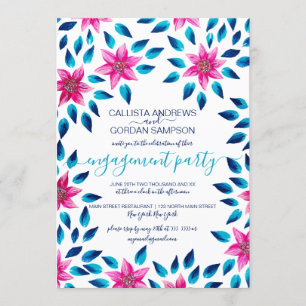 Invitation Fleurs bleu rose Feuille Fiançailles de peinture a